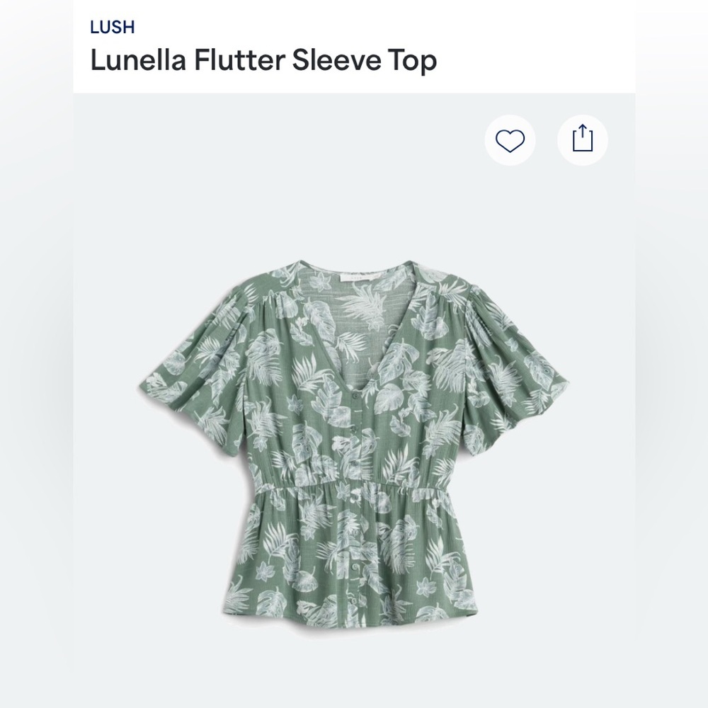 Lush Flutter Sleeve Top Olive Green XXL Tropical Print Plus Top
